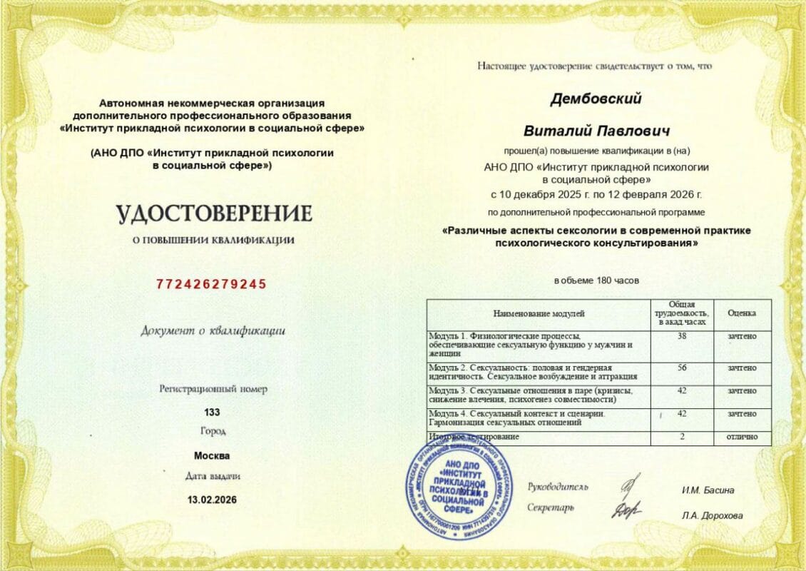 Удостоверение о повышении квалификации психолога Виталия Дембовского АНО ДПО "Институт прикладной психологии в социальной сфере"